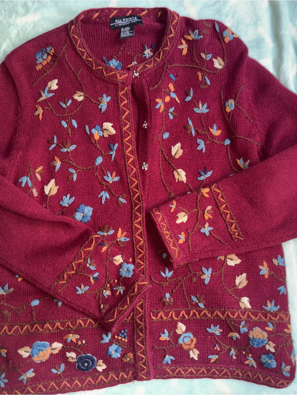 All POINTS  Burgundy Floral Embroidered Cardigan ~women’s large~